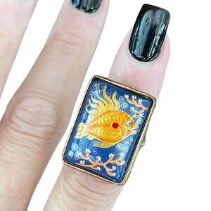 Amy Kahn Russell Hand-Painted Fish Bronze & Sterling Silver Statement Ring